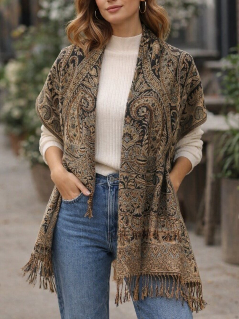Gold Paisley Jacquard Woven Scarf Shawl One Size Boho Bohemian Fringe Wrap